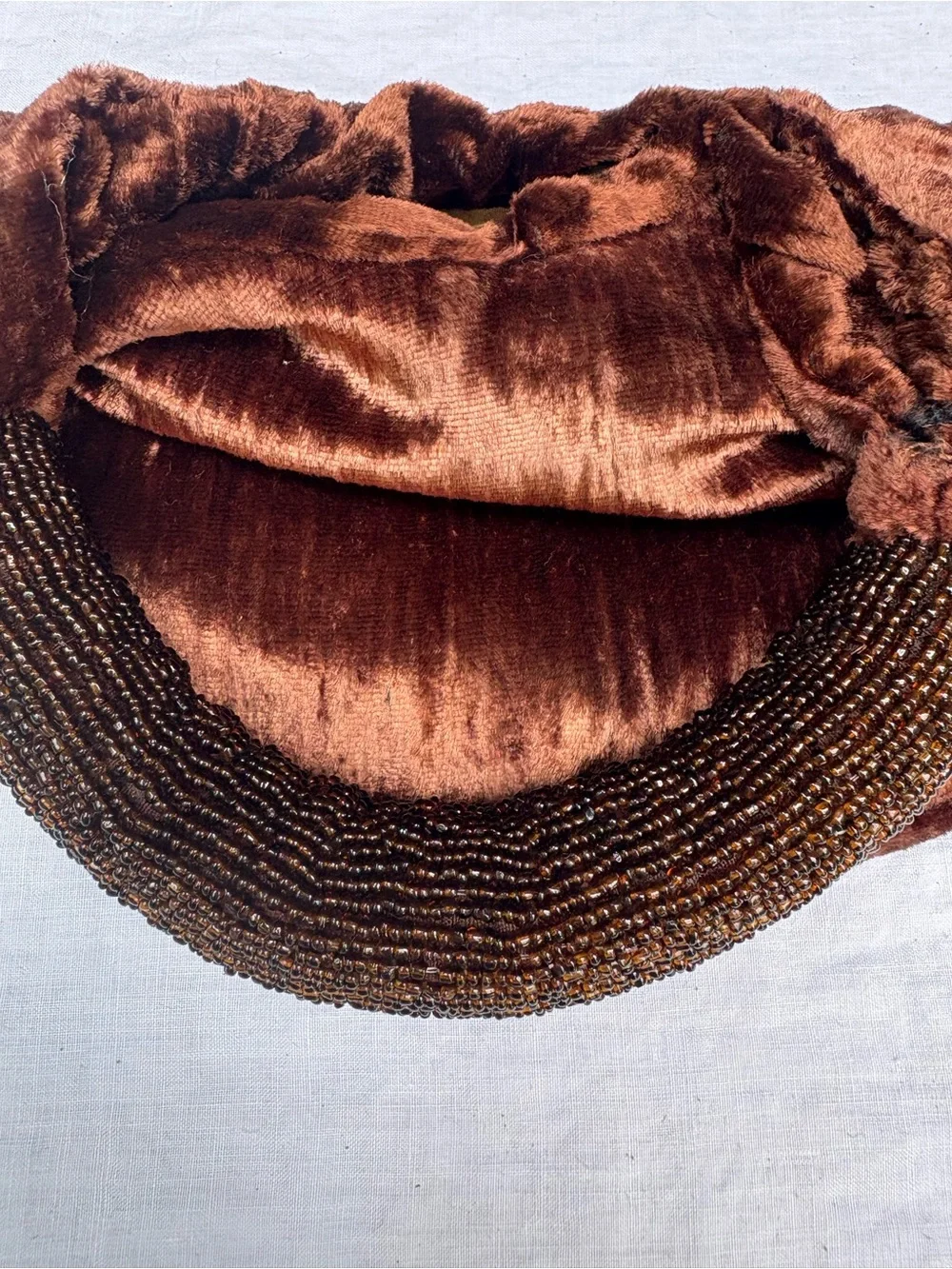Vintage Crushed Brown Velvet Clutch with Beaded Handle